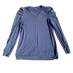 💜 Blue Heathered V-Neck Top with Puffed Shoulders - Size S